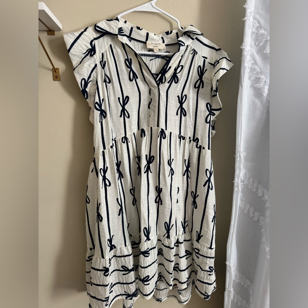 Umgee Cream and Blue Bow Pattern Dress